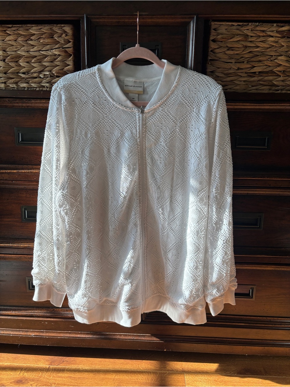 Alfred Dunner Ivory White Lace Zip-Front Bomber